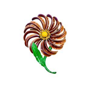Vintage Enamel Flower Pin Brooch Pinwheel Daisy Design Earthy Colors Floral Pin